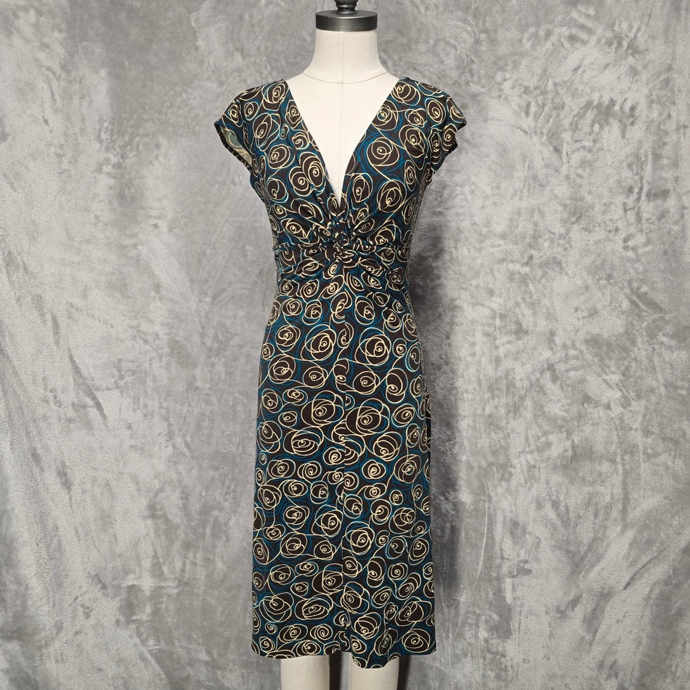 Vtg London Times Sheath Dress Women 6 Brown Abstract Swirl Ruched V-Neck Y2K Mod